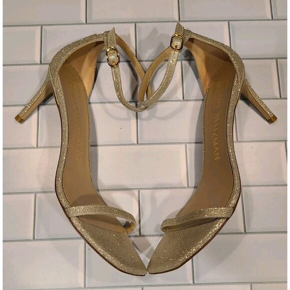 Stuart Weitzman Nudistcurve Ankle Strap Platino Glitter Sandals Heels | 8½ EUC - Picture 9 of 12